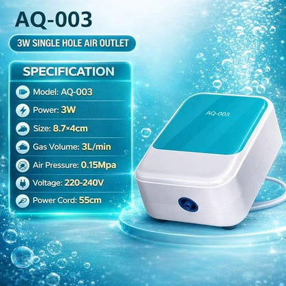 SOBO Super Silent Aquarium Air Pump AQ-003 | 3W Single Outlet Oxygen Pump | 3L/min Output | Includes 1M Air Tube & Air Stone