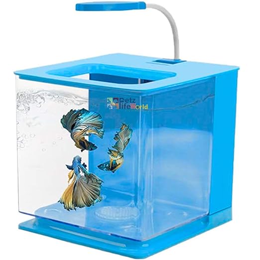Petzlifeworld BL-06 Compact Acrylic Fish Aquarium Tank with Internal Back Filter and USB Leafy Type LED Light for Home or Office Desktop (2.5-Liter Capcity, Color Vay Vary)