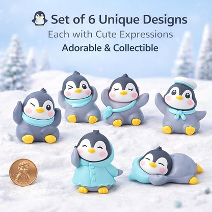 petzlifeworld 6 Pcs Cute Winter Penguin Miniature Figurines – Resin Mini Penguins for Home Decor, Car Dashboard, Office Desk Decoration – Adorable Gift for Kids, Couples & Friends