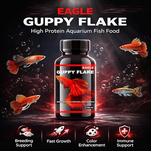 petzlifeworld Eagle Guppy Flake (100ml) High Protein Aquarium Fish Food | Ideal for Guppy, Tetra, Endler & Other Small Fish | Breeding Support, Fast Growth, Colour Enhancement | Added Vitamins & Minerals