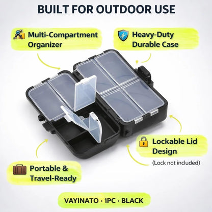 petzlifeworld Mini  and small Portable Fishing Tackle Box, 1pc Black Multi-Compartment Organizer with Lockable Lid & Design, Durable Lure Storage Case for Hooks, Rigs & Fishing Gear, Ideal for Anglers & Outdoor Use