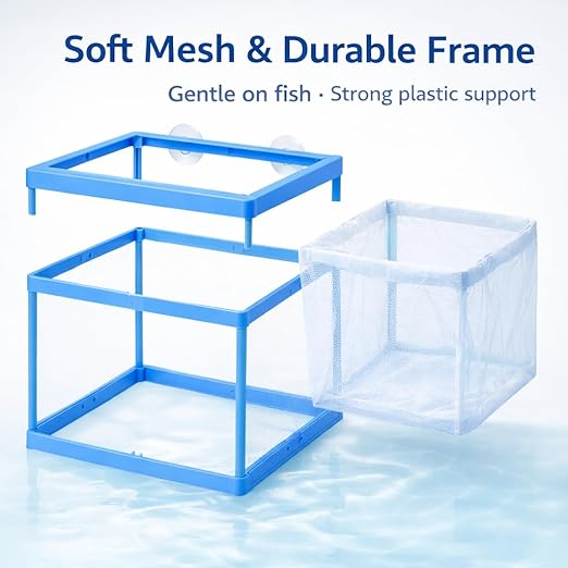 petzlifeworld FS-01 Fish Tank Breeder Net Box with Suction Cups | Blue Mesh Fry Saver for Aquarium | Isolation Box for Baby, Injured & Aggressive Fish
