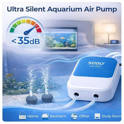 SOBO AQ-004 Aquarium Air Pump – Ultra Silent 2-Way Dual Outlet (2×3.5 L/Min), 4W High Oxygen Air Pump with 3m Tube, 2 Airstones & 2 Check Valve for Fish Tanks