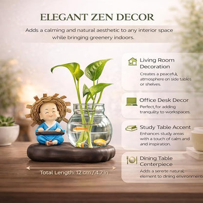 Petzlifeworld Resin Little Buddha Monk with Hydroponic Plant Vase Glass Bowl – Cute Zen Monk Figurine Planter for Indoor Plants, Desktop Table Decor, Hydroponic Pothos Holder for Home Office Decoration