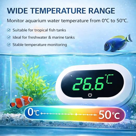 YEE Digital Aquarium Thermometer with LCD Display, High Accuracy ±0.1°C Fish Tank Temperature Monitor, Touch Wake-Up Screen, 0-50°C Temperature Range