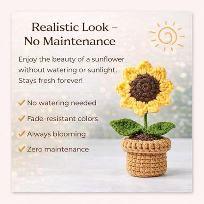petzlifeworld Hand-Knitted Sunflower Potted Plant, Crochet Artificial Flower Decoration, Mini Yarn Knitted Sunflower Pot, Cute Desktop Decor, Handmade Simulation Flower Gift for Home Office Table Decor