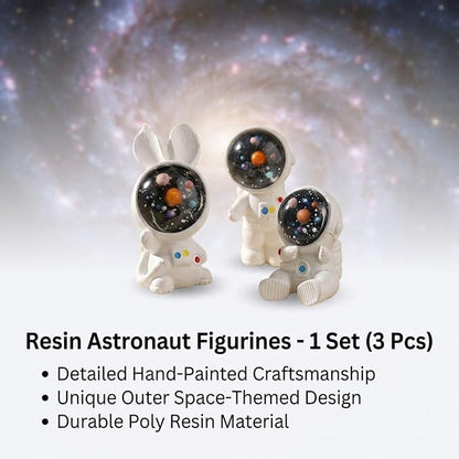 Petzlifeworld 3-Piece Mini Resin Astronaut & Space Bunny Figurine Set | Outer Space Action Figures for Home & Office Desk Decor | Best Astronomy Lover Gifts | Miniature Poly Resin Desk Ornaments