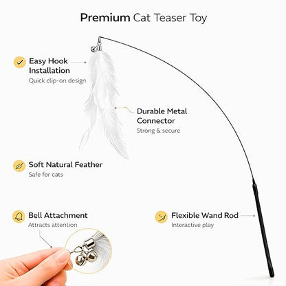 Petzlifeworld Premium Cat Teaser Wand Toy with Natural Feather & Bell – Interactive Flexible Rod Stick for Indoor Cats, Kitten Play, Exercise, Training, Hunting Instinct Stimulation & Stress Relief Pet Toy