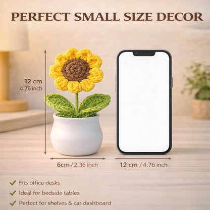 Petzlifeworld Crochet Sunflower in White Pot (1PC) – Handmade Knitted Flower Desk Decor, Car Dashboard Ornament, Sympathy & Condolence Gift for Teachers, Colleagues & Loved Ones (12cm)
