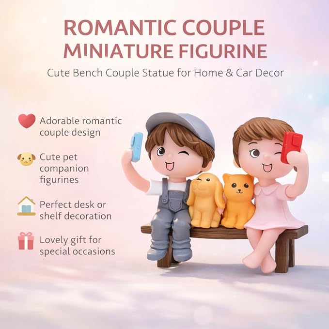Petzlifeworld Romantic Couple Miniature Figurine with Pets – Cute Bench Resin Statue for Home Decor, Car Dashboard Ornament, Mini Garden Landscape Decoration, Anniversary Wedding Birthday Gift for Couples