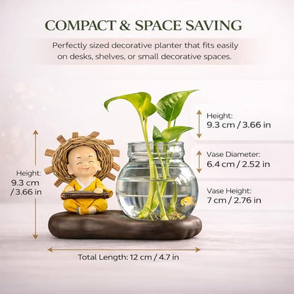 Petzlifeworld Resin Little Buddha Monk with Hydroponic Plant Vase Glass Bowl – Cute Zen Monk Figurine Planter for Indoor Plants, Desktop Table Decor, Hydroponic Pothos Holder for Home Office Decoration