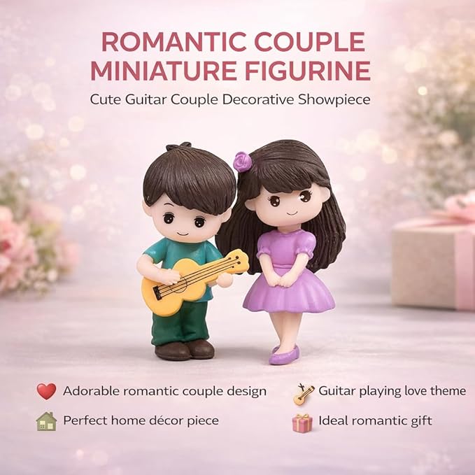 Petzlifeworld Miniature Romantic Love Couple Figurine with Guitar – Cute Resin Couple Statue Showpiece for Home Decor, Anniversary Wedding Valentine Gift, Desk Table Decoration for Bedroom Living Room