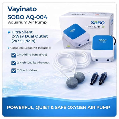 SOBO AQ-004 Aquarium Air Pump – Ultra Silent 2-Way Dual Outlet (2×3.5 L/Min), 4W High Oxygen Air Pump with 3m Tube, 2 Airstones & 2 Check Valve for Fish Tanks