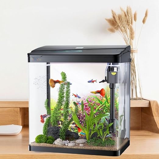 Nemo (RX-230 Thunder Black) Aquarium Starter Kit Small Acrylic Betta Fish Tank Desktop with Filter Pump LED Light, Crystal Clear 360° Viewing, Shatter-Resistant & Leak-Proof Base|Size - 28*23*16cm