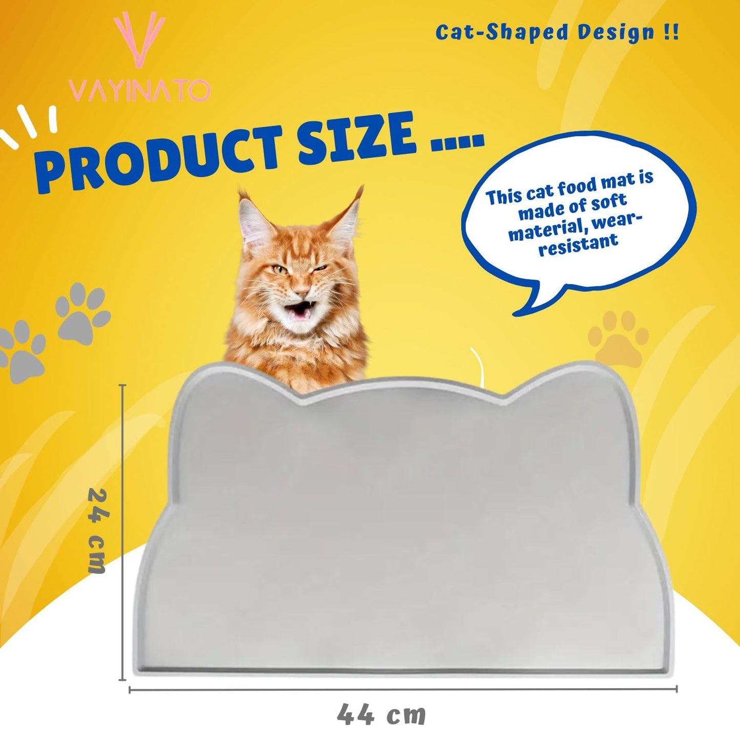 Petzlifeworld Cat Head-Shaped Grey Pet Feeding Mat with Raised Edges (44 * 24 cm) for Cats & Dogs