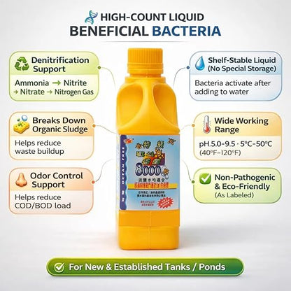 Ocean Free Super Battle Bacteria  – High Concentrated Beneficial Bacteria for Saltwater and Fresh Water Aquarium & Pond, Sludge & Odor Reduction and Makes Crystal Clear Aquarium