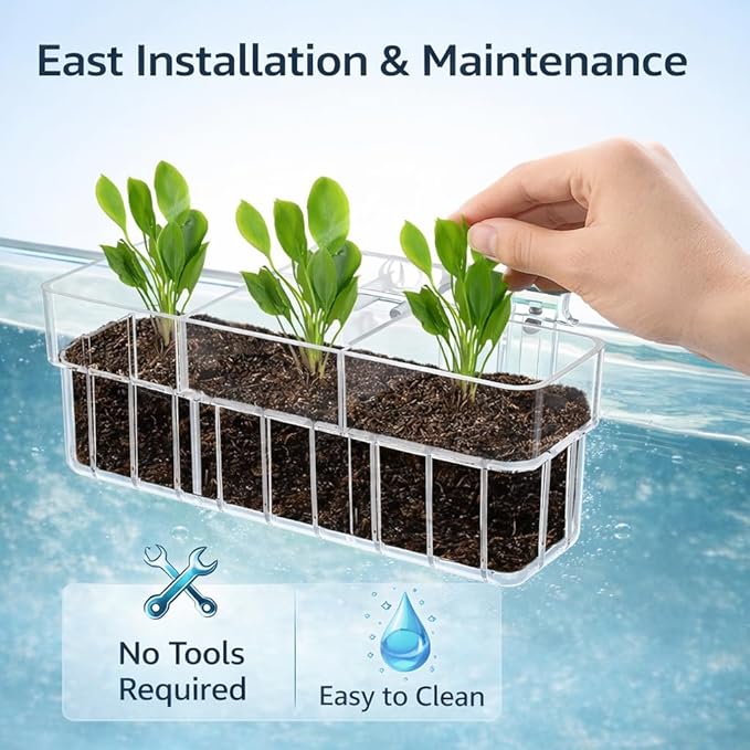 petzlifeworld 1Pcs Clear Acrylic Three-Compartment Hanging Hydroponic Planter | Hanging Plant Holder with Visible Root Growth | Decorative Aquatic Planter for Fish Tanks (18 × 6.5 × 8 cm)