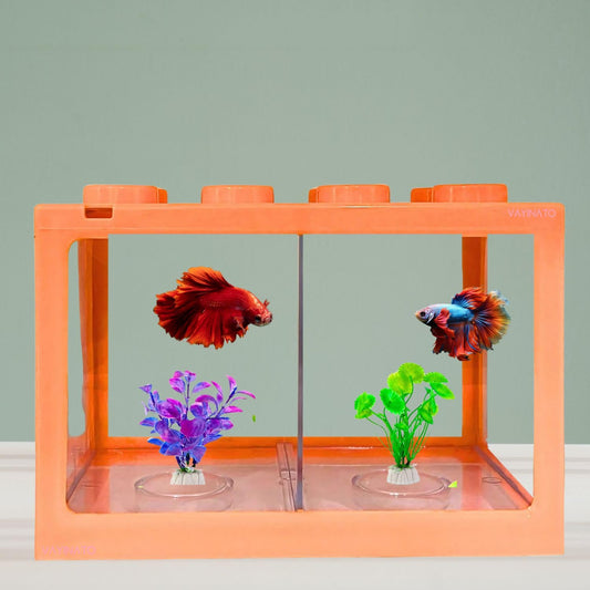 Petzlifeworld Transparent BL-B15 Transparent Acyrlic Betta Tank | Building Block Tank with Partition and Free 2 Plastic Plants - Random Color (Maximum 1L Capacity)