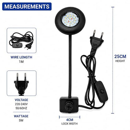 Petzlifeworld QL-V5 Aquarium Flying Saucer Clamp Lamp 5W | 360° Flexible Neck with Clamp | Bright White LED Light for 20–30cm Fish Tanks | 220–240V | for Betta, Shrimp, Nano & Planted Aquariums