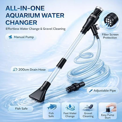 YEE Aquarium Water Changer Gravel Cleaner – Manual Siphon Vacuum Pump Fish Tank Cleaning Tool with Adjustable Pipe, Built-in Filter Screen & 200cm Drain Hose for Easy Water Change
