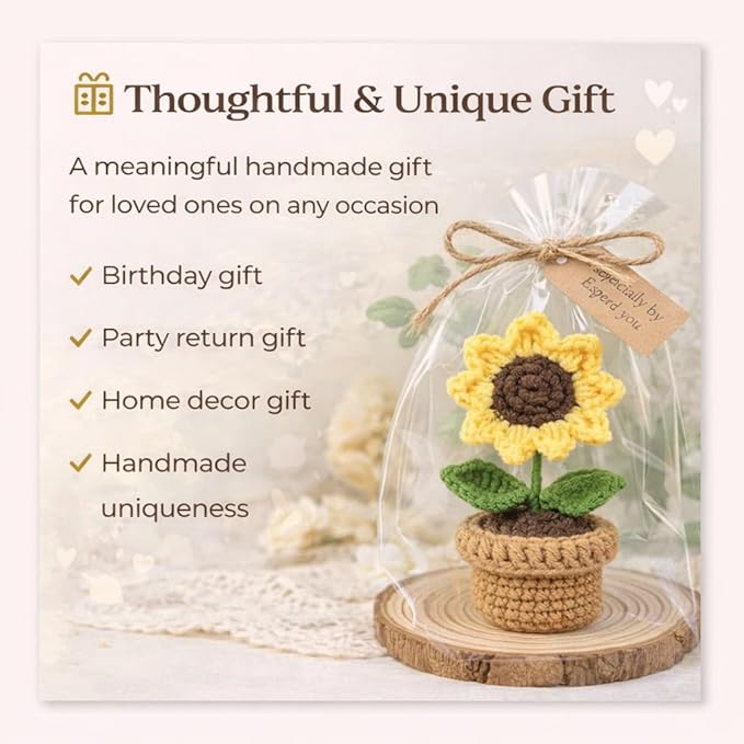 petzlifeworld Hand-Knitted Sunflower Potted Plant, Crochet Artificial Flower Decoration, Mini Yarn Knitted Sunflower Pot, Cute Desktop Decor, Handmade Simulation Flower Gift for Home Office Table Decor