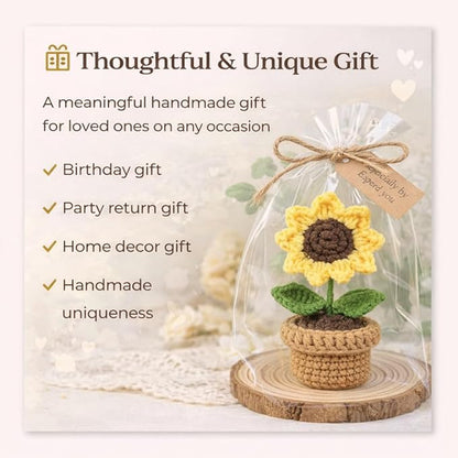 petzlifeworld Hand-Knitted Sunflower Potted Plant, Crochet Artificial Flower Decoration, Mini Yarn Knitted Sunflower Pot, Cute Desktop Decor, Handmade Simulation Flower Gift for Home Office Table Decor