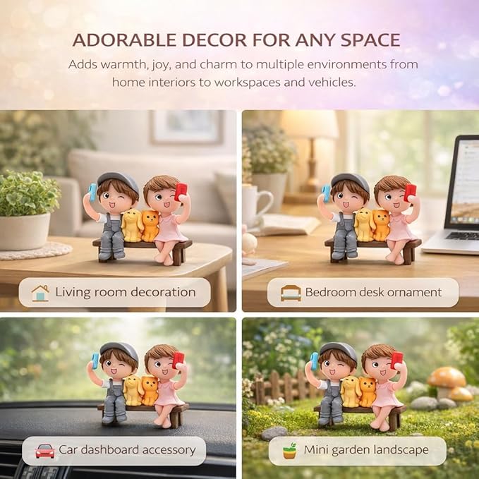 Petzlifeworld Romantic Couple Miniature Figurine with Pets – Cute Bench Resin Statue for Home Decor, Car Dashboard Ornament, Mini Garden Landscape Decoration, Anniversary Wedding Birthday Gift for Couples