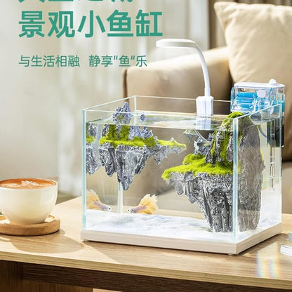 Petzlifeworld Mini Micro Sky City Landscape Ultra Clear 4K Glass Aquarium Fish Tank Complete Set with Filter, Light, Sand, Decoration (Landscape) Suitable for Betta, Desktop and Gifting |18 * 14 * 13 CM