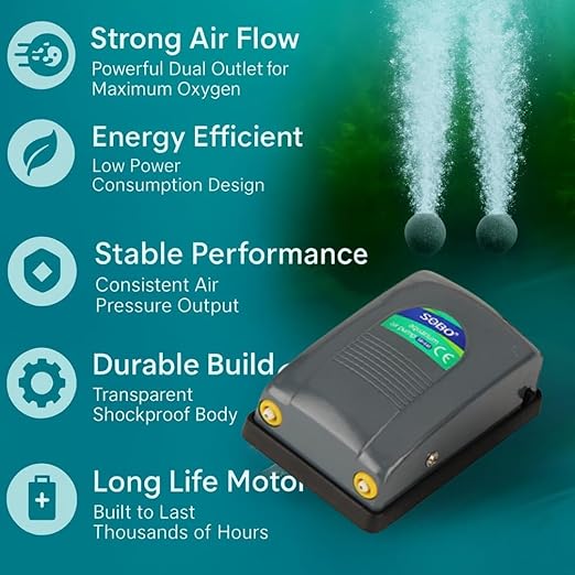 Sobo SB-648 Dual Outlet Silent Aquarium Qxygen Pump with Free 3 Meter Air Tube, 2 Air Stone and 2 Check Valve | Power : 5W | Output : 2 * 4L/min | Pressure : 2 * 0.02mpa