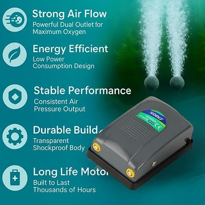 Sobo SB-648 Dual Outlet Silent Aquarium Qxygen Pump with Free 3 Meter Air Tube, 2 Air Stone and 2 Check Valve | Power : 5W | Output : 2 * 4L/min | Pressure : 2 * 0.02mpa