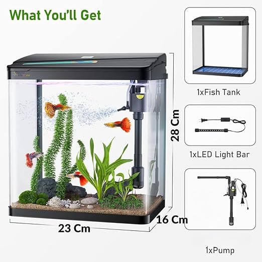 Nemo (RX-230 Thunder Black) Aquarium Starter Kit Small Acrylic Betta Fish Tank Desktop with Filter Pump LED Light, Crystal Clear 360° Viewing, Shatter-Resistant & Leak-Proof Base|Size - 28*23*16cm