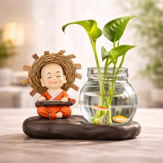 Petzlifeworld Resin Little Buddha Monk with Hydroponic Plant Vase Glass Bowl – Cute Zen Monk Figurine Planter for Indoor Plants, Desktop Table Decor, Hydroponic Pothos Holder for Home Office Decoration