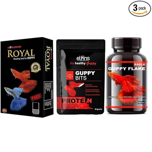 petzlifeworld Horizone (Pack of 3) Healthy Food Combo for Guppy Fish | Elfins The Healthy Guppy Bits-20G, Horizone Royal Breeding for Guppy Fish-22G and Eagle Guppy Flake-100ML