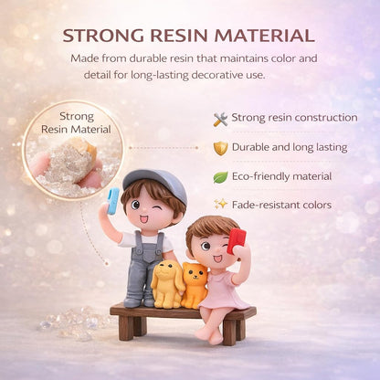 Petzlifeworld Romantic Couple Miniature Figurine with Pets – Cute Bench Resin Statue for Home Decor, Car Dashboard Ornament, Mini Garden Landscape Decoration, Anniversary Wedding Birthday Gift for Couples