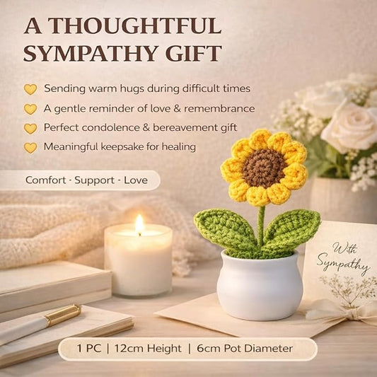 Petzlifeworld Crochet Sunflower in White Pot (1PC) – Handmade Knitted Flower Desk Decor, Car Dashboard Ornament, Sympathy & Condolence Gift for Teachers, Colleagues & Loved Ones (12cm)