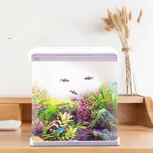 Petzlifeworld (RX-230 Pearling White) Aquarium Starter Kit Small Glass Betta Fish Tank Desktop with Filter Pump LED Light, Crystal Clear 360° Viewing, Shatter-Resistant & Leak-Proof Base