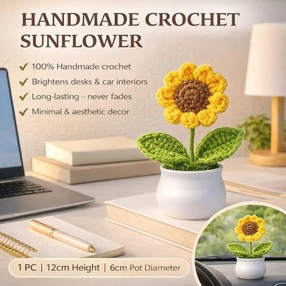 Petzlifeworld Crochet Sunflower in White Pot (1PC) – Handmade Knitted Flower Desk Decor, Car Dashboard Ornament, Sympathy & Condolence Gift for Teachers, Colleagues & Loved Ones (12cm)