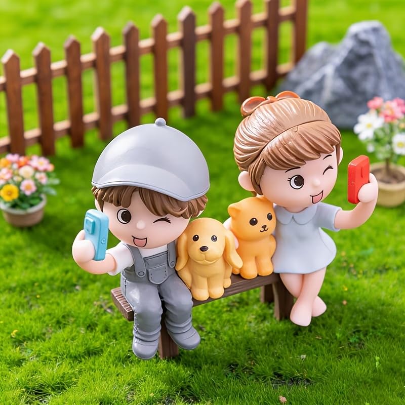 Petzlifeworld Romantic Couple Miniature Figurine with Pets – Cute Bench Resin Statue for Home Decor, Car Dashboard Ornament, Mini Garden Landscape Decoration, Anniversary Wedding Birthday Gift for Couples