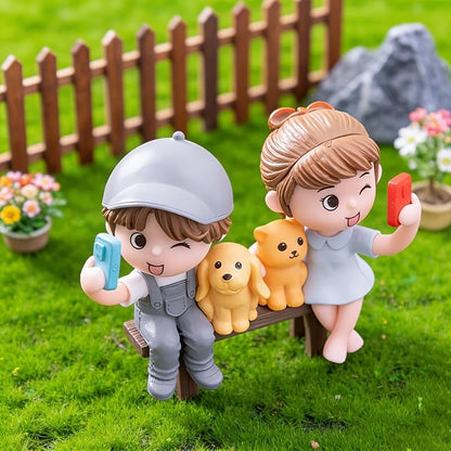 Petzlifeworld Romantic Couple Miniature Figurine with Pets – Cute Bench Resin Statue for Home Decor, Car Dashboard Ornament, Mini Garden Landscape Decoration, Anniversary Wedding Birthday Gift for Couples