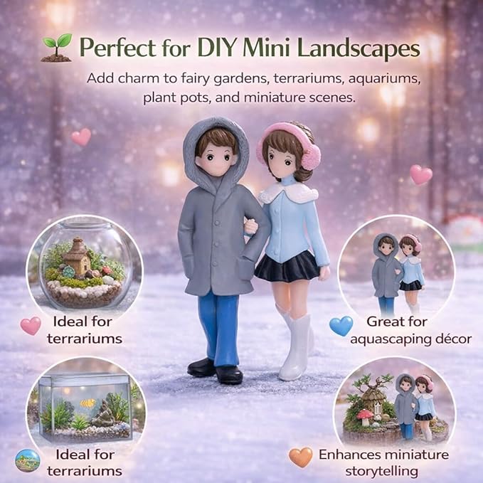 Petzlifeworld Miniature Snow Couple Figurines Romantic Hand-Holding Pair for DIY Fairy Garden, Terrarium, Aquarium & Christmas Village Decor – Cute Winter Mini Figurine Set for Tabletop Decoration & Gift