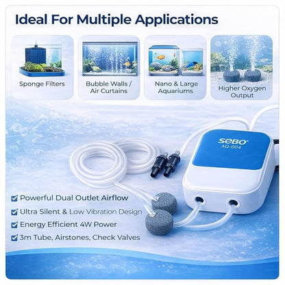 SOBO AQ-004 Aquarium Air Pump – Ultra Silent 2-Way Dual Outlet (2×3.5 L/Min), 4W High Oxygen Air Pump with 3m Tube, 2 Airstones & 2 Check Valve for Fish Tanks