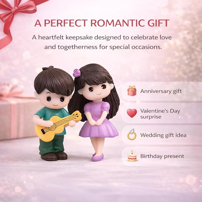 Petzlifeworld Miniature Romantic Love Couple Figurine with Guitar – Cute Resin Couple Statue Showpiece for Home Decor, Anniversary Wedding Valentine Gift, Desk Table Decoration for Bedroom Living Room