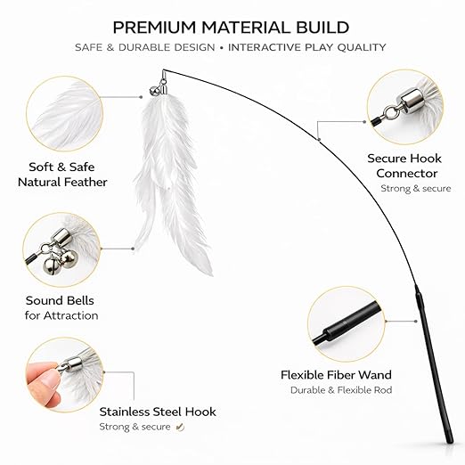 Petzlifeworld Premium Cat Teaser Wand Toy with Natural Feather & Bell – Interactive Flexible Rod Stick for Indoor Cats, Kitten Play, Exercise, Training, Hunting Instinct Stimulation & Stress Relief Pet Toy