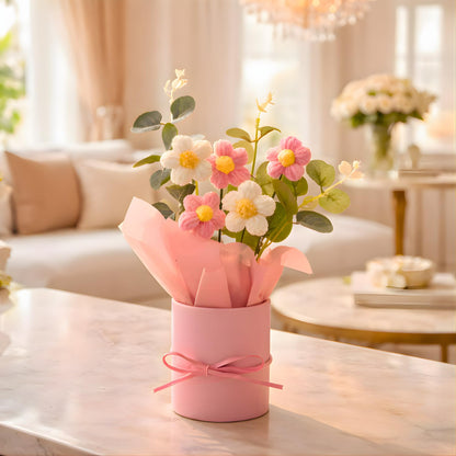 petzlifeworld Handmade Crochet Flower Bouquet with Pink Vase – Artificial Pink & White Daisy Flowers in Gift Box | Cute Home Decor for Desk, Bedroom, Office for Girls, Couples & Friends