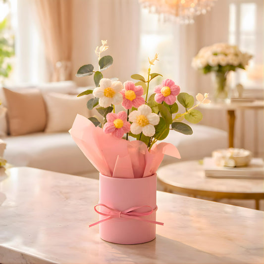 petzlifeworld Handmade Crochet Flower Bouquet with Pink Vase – Artificial Pink & White Daisy Flowers in Gift Box | Cute Home Decor for Desk, Bedroom, Office for Girls, Couples & Friends