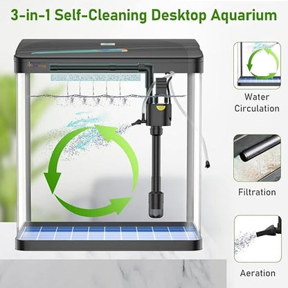 Nemo (RX-230 Thunder Black) Aquarium Starter Kit Small Acrylic Betta Fish Tank Desktop with Filter Pump LED Light, Crystal Clear 360° Viewing, Shatter-Resistant & Leak-Proof Base|Size - 28*23*16cm