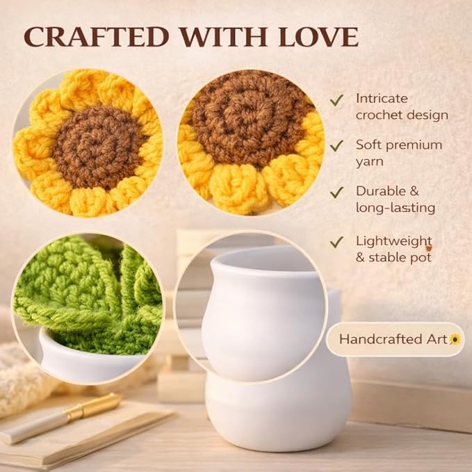Petzlifeworld Crochet Sunflower in White Pot (1PC) – Handmade Knitted Flower Desk Decor, Car Dashboard Ornament, Sympathy & Condolence Gift for Teachers, Colleagues & Loved Ones (12cm)
