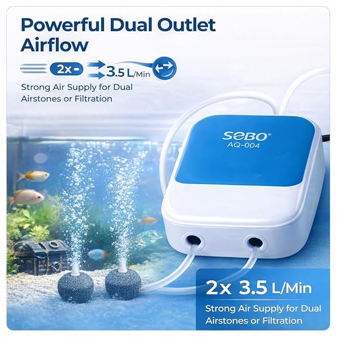SOBO AQ-004 Aquarium Air Pump – Ultra Silent 2-Way Dual Outlet (2×3.5 L/Min), 4W High Oxygen Air Pump with 3m Tube, 2 Airstones & 2 Check Valve for Fish Tanks