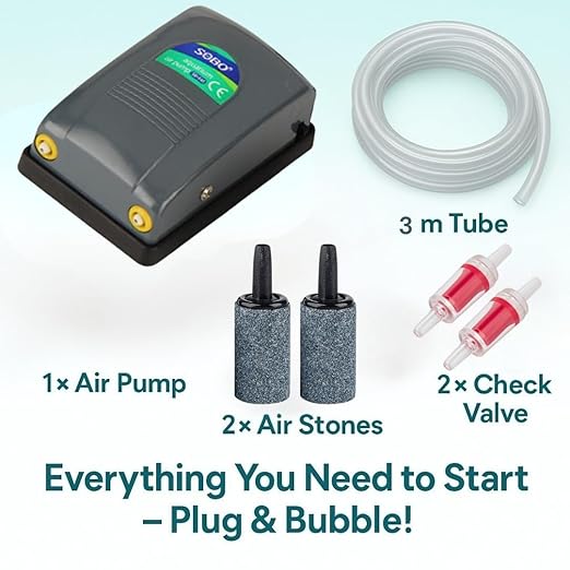 Sobo SB-648 Dual Outlet Silent Aquarium Qxygen Pump with Free 3 Meter Air Tube, 2 Air Stone and 2 Check Valve | Power : 5W | Output : 2 * 4L/min | Pressure : 2 * 0.02mpa