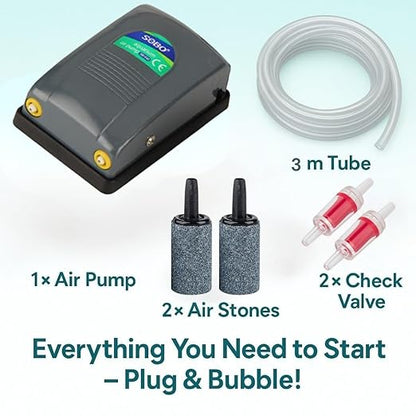 Sobo SB-648 Dual Outlet Silent Aquarium Qxygen Pump with Free 3 Meter Air Tube, 2 Air Stone and 2 Check Valve | Power : 5W | Output : 2 * 4L/min | Pressure : 2 * 0.02mpa